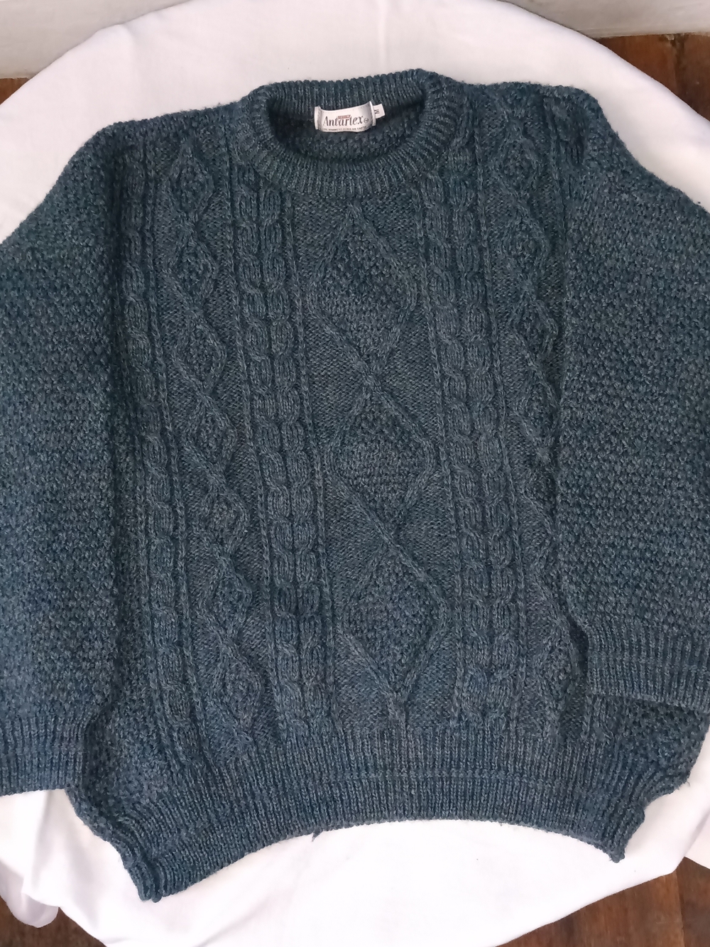 Antartex Blue And Gray Medium Cable-Knit Scottish Wool Crewneck Sweater